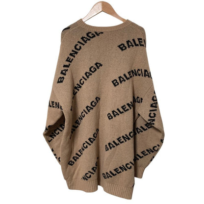 Balenciaga Logo Jacquard Crew Neck Knit Sweater XS Camel