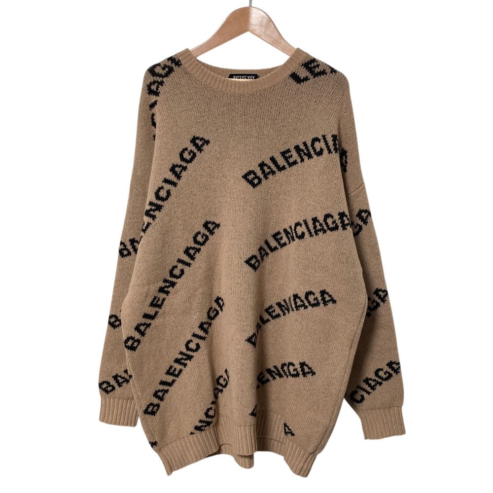 Balenciaga Logo Jacquard Crew Neck Knit Sweater XS Camel