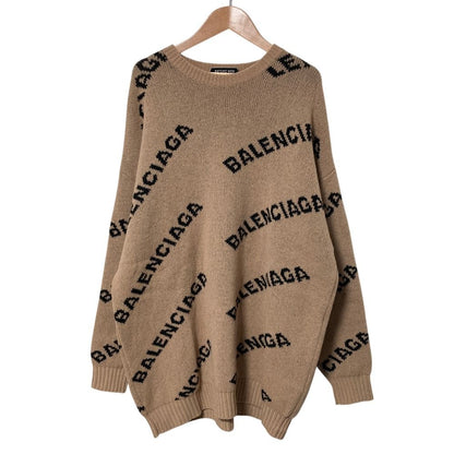Balenciaga Logo Jacquard Crew Neck Knit Sweater XS Camel