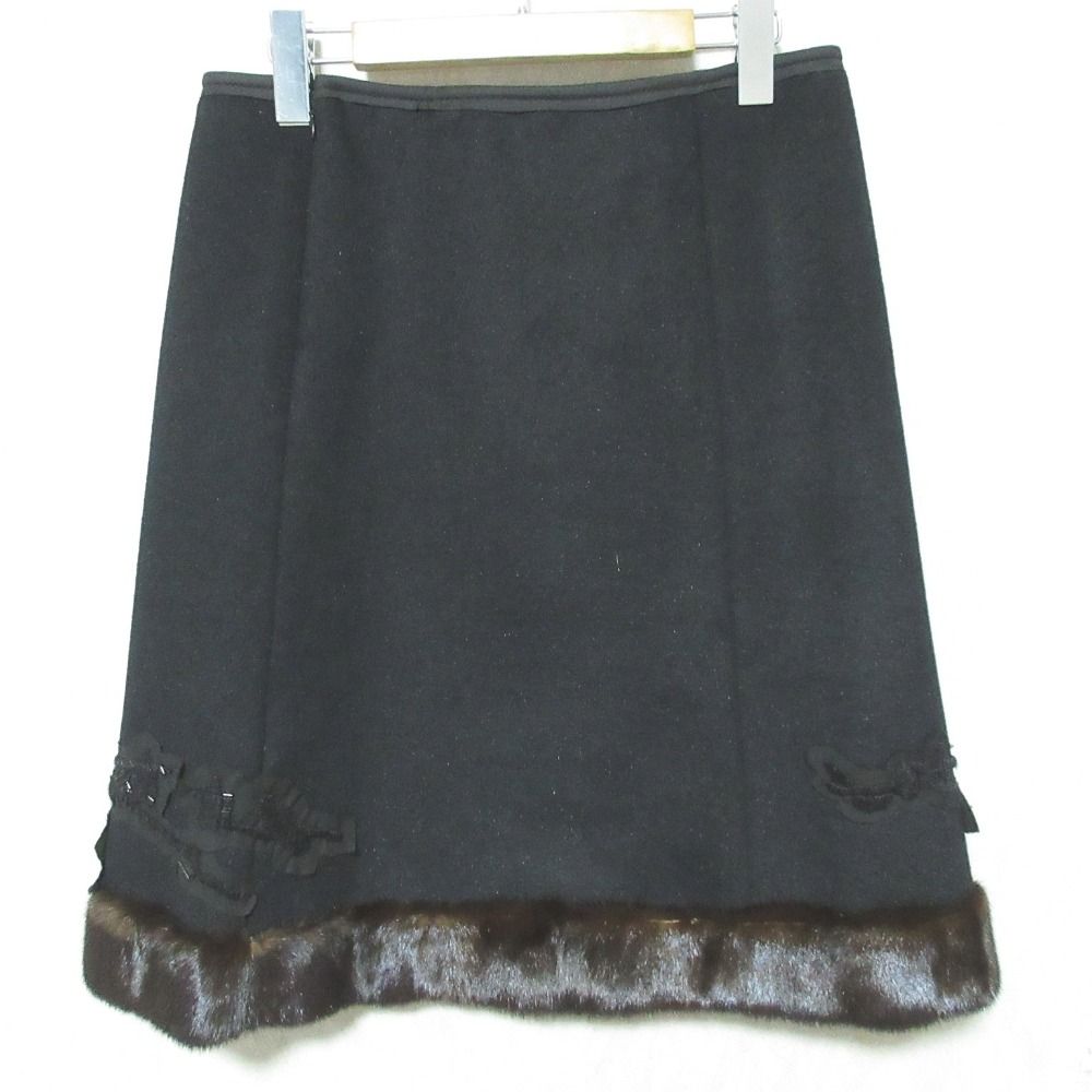 Prada Mink Trim Bead Decoration Wool Angora Skirt 42 Black