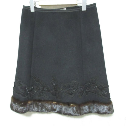 Prada Mink Trim Bead Decoration Wool Angora Skirt 42 Black