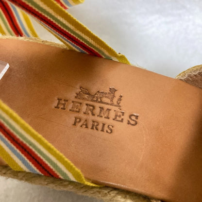 Hermes Striped Ribbon Strap Jute Sandals 37 Multicolor