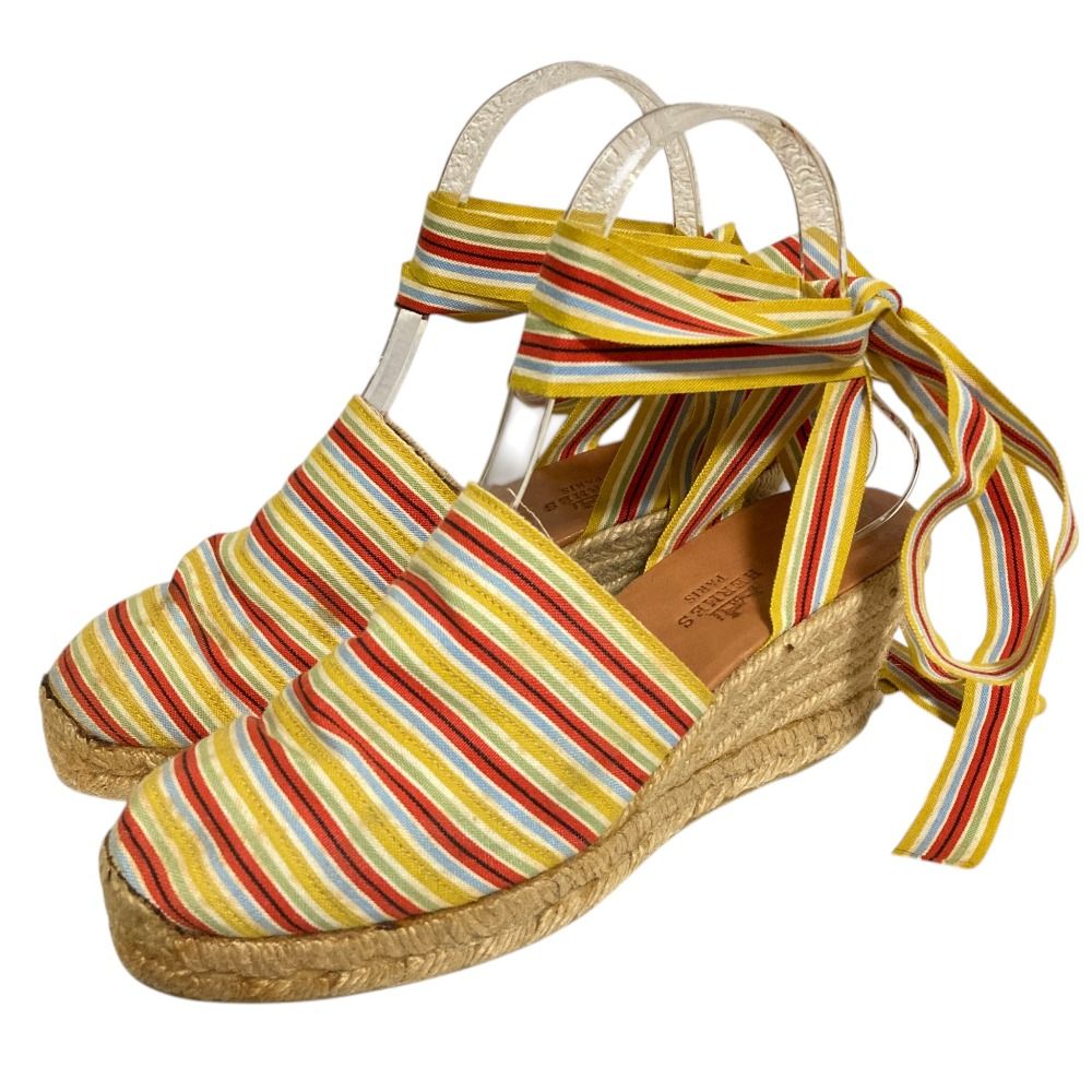 Hermes Striped Ribbon Strap Jute Sandals 37 Multicolor