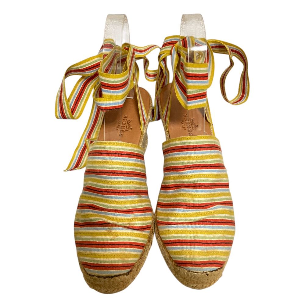 Hermes Striped Ribbon Strap Jute Sandals 37 Multicolor