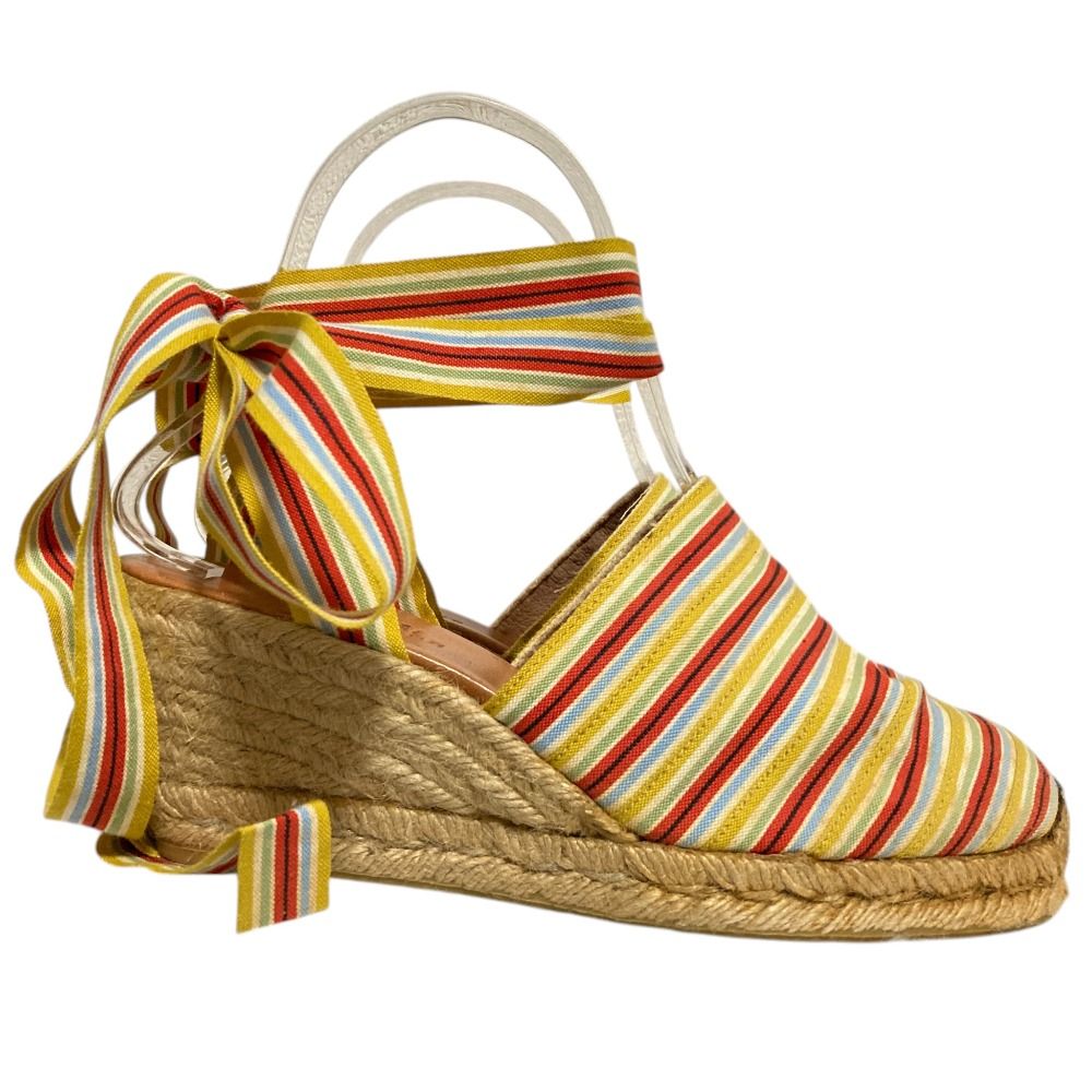 Hermes Striped Ribbon Strap Jute Sandals 37 Multicolor