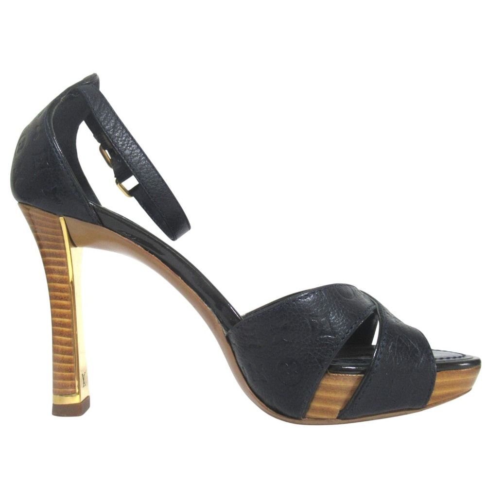 Louis Vuitton Monogram Empreinte Ankle Strap High Heels Sandals 35 Navy
