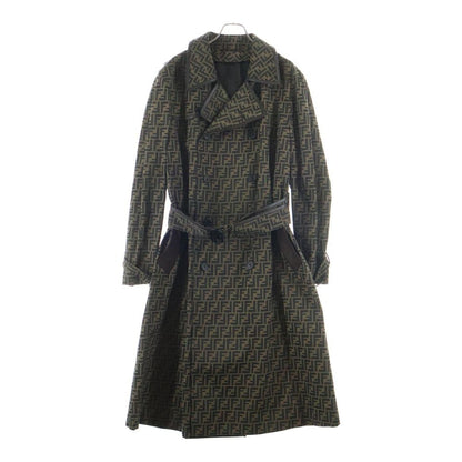 Fendi Zucca Pattern Leather Piping Trench Coat Brown