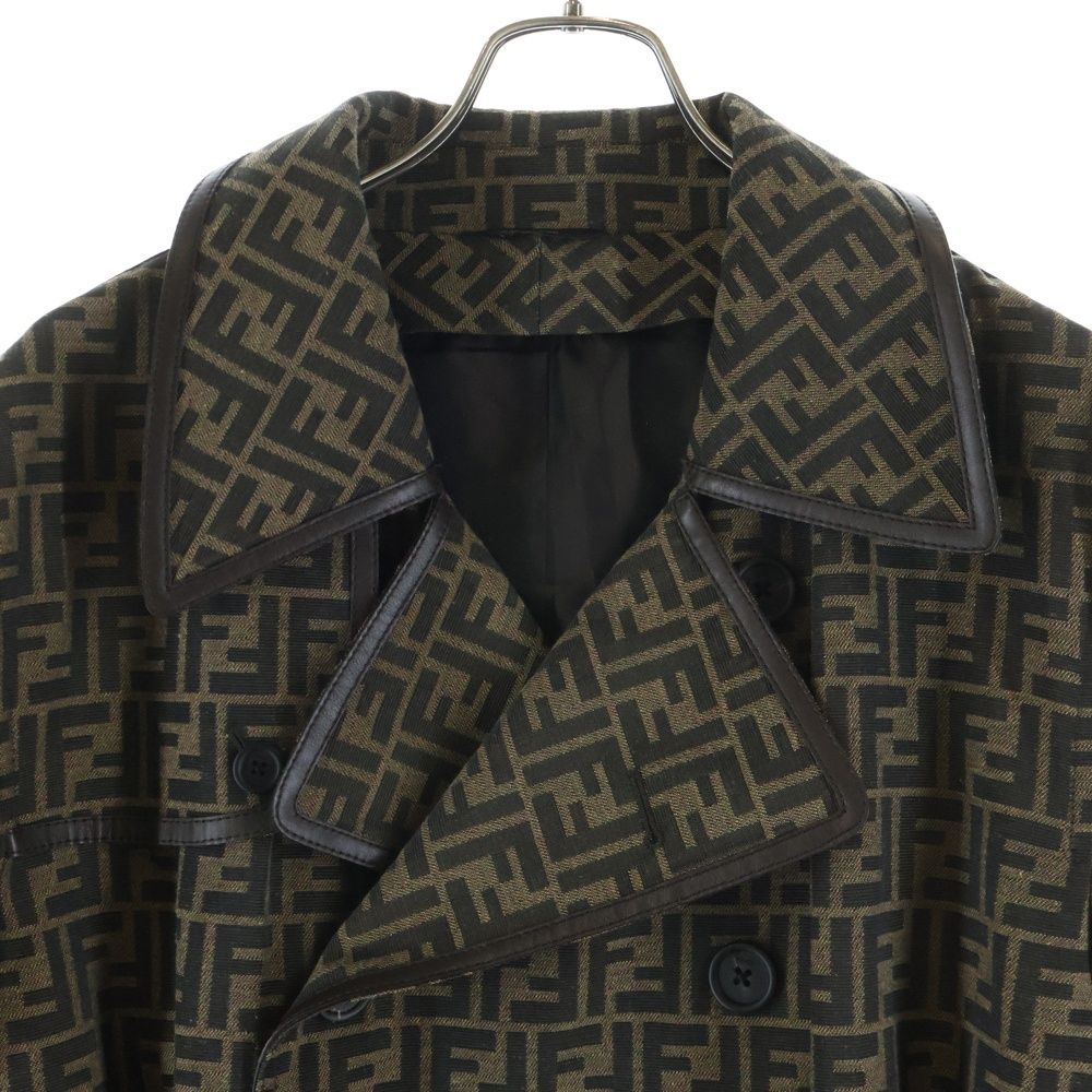 Fendi Zucca Pattern Leather Piping Trench Coat Brown