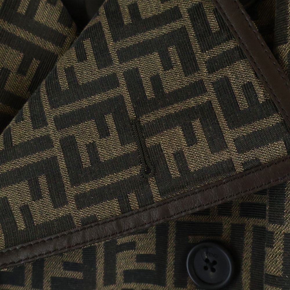 Fendi Zucca Pattern Leather Piping Trench Coat Brown