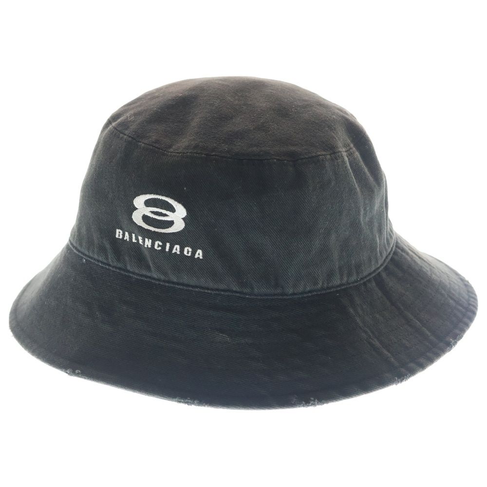 Balenciaga Logo Embroidered Distressed Bucket Hat Black