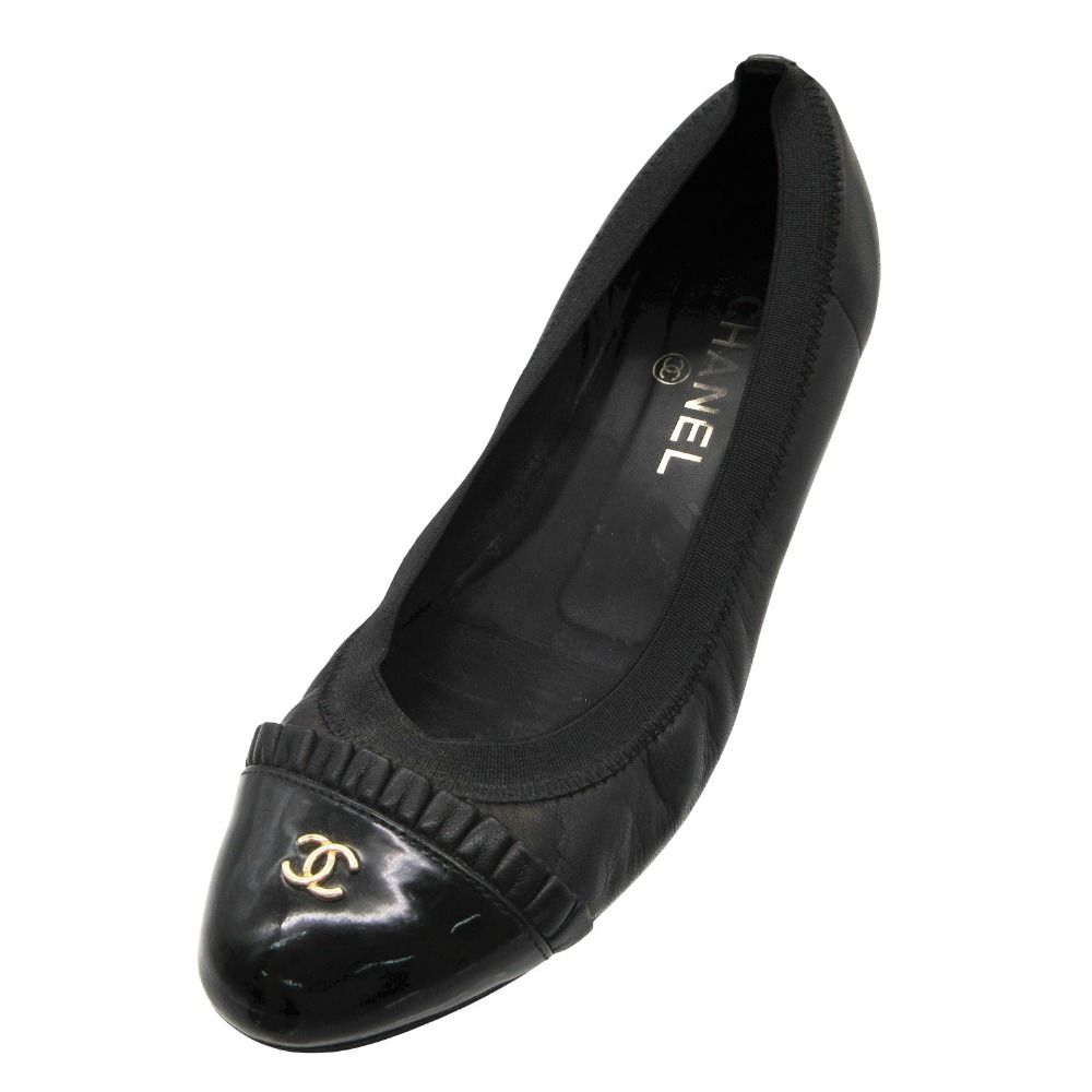 Chanel Ballet Shoes CC Logo Leather Frill Black