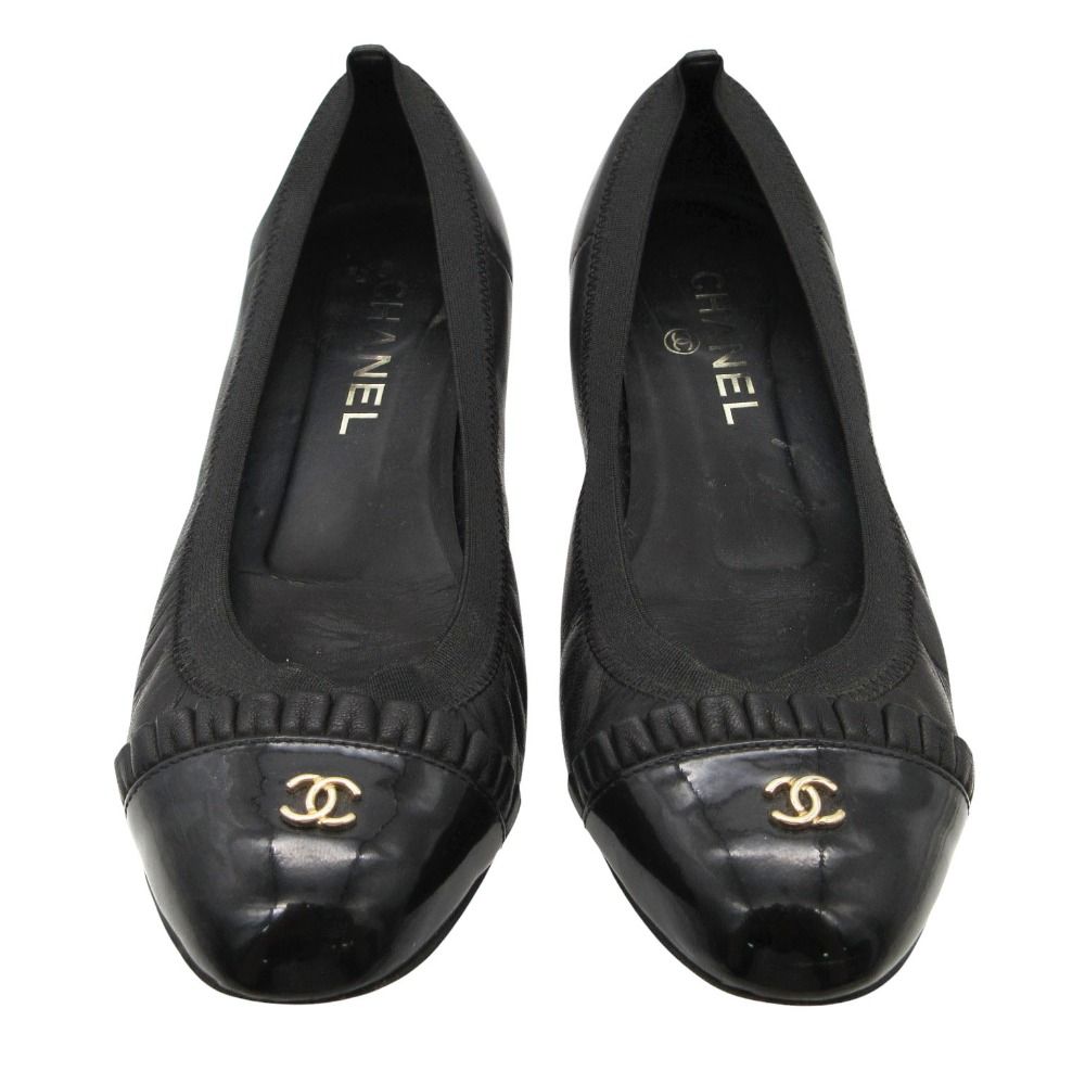 Chanel Ballet Shoes CC Logo Leather Frill Black