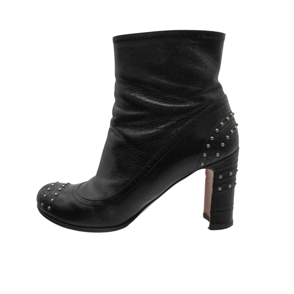 Prada Boots Cowhide Leather Studs Short Shoes Side Zip Black