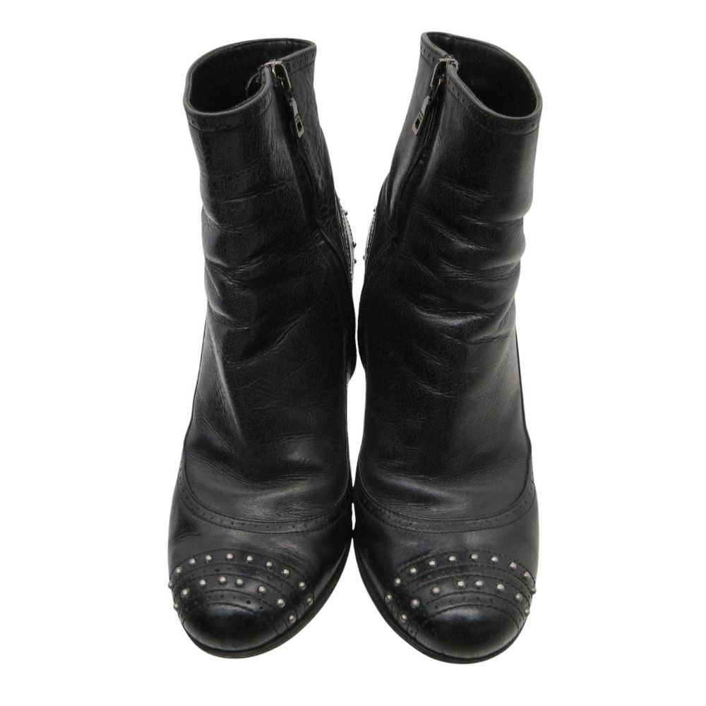 Prada Boots Cowhide Leather Studs Short Shoes Side Zip Black