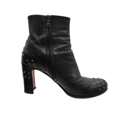 Prada Boots Cowhide Leather Studs Short Shoes Side Zip Black