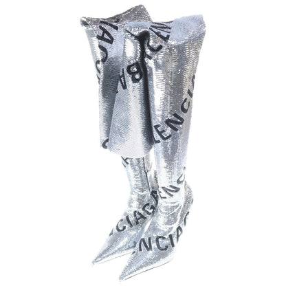 Balenciaga Knife Allover Logo 110 mm Over the Knee Boots in Silver High
