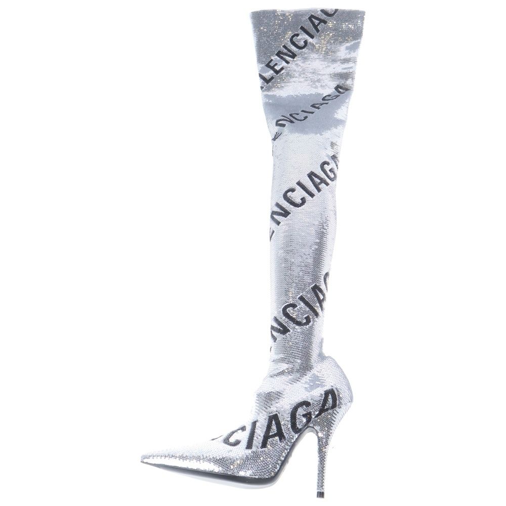 Balenciaga Knife Allover Logo 110 mm Over the Knee Boots in Silver High
