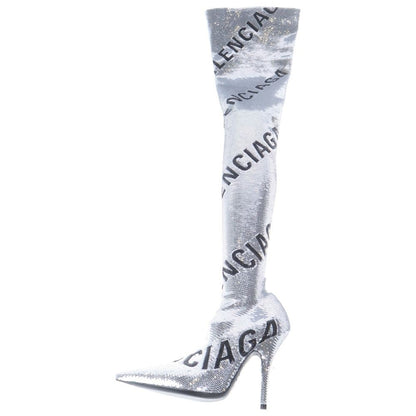 Balenciaga Knife Allover Logo 110 mm Over the Knee Boots in Silver High