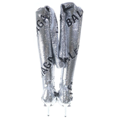 Balenciaga Knife Allover Logo 110 mm Over the Knee Boots in Silver High