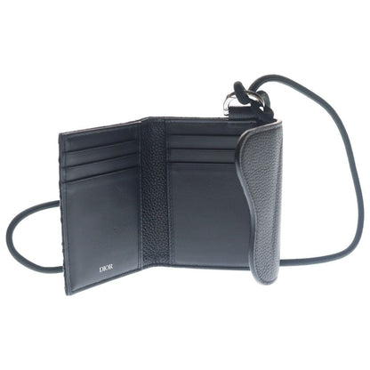 Dior Saddle Oblique Black Pattern Flap Card Case with Neck Strap Mini Shoulder