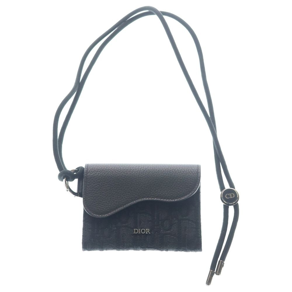 Dior Saddle Oblique Black Pattern Flap Card Case with Neck Strap Mini Shoulder