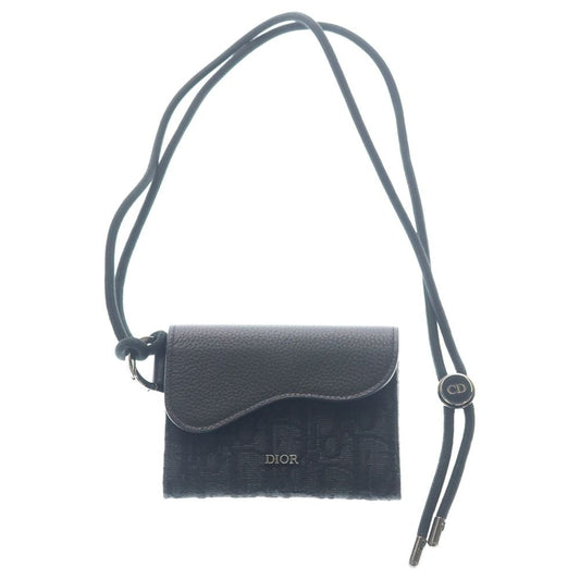 Dior Saddle Oblique Black Pattern Flap Card Case with Neck Strap Mini Shoulder