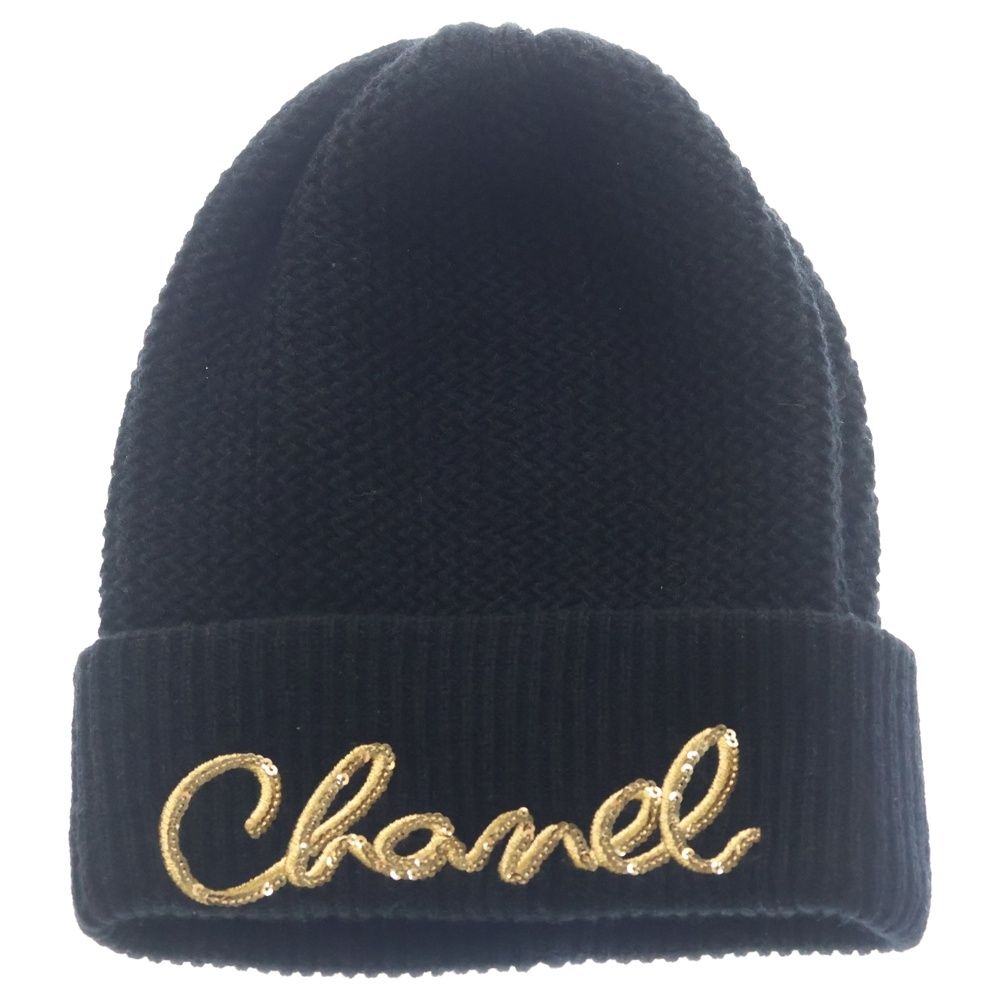 Chanel Sequin Logo Cashmere Knit Hat Black