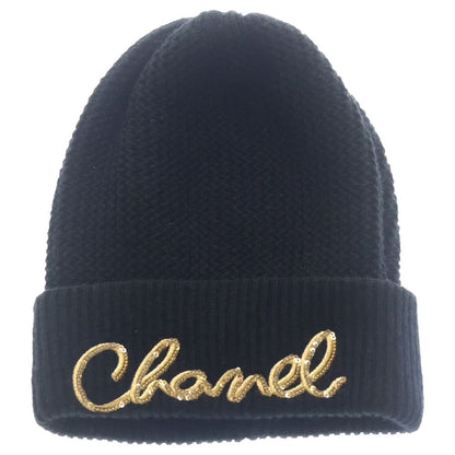 Chanel Sequin Logo Cashmere Knit Hat Black
