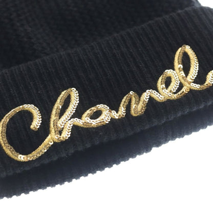 Chanel Sequin Logo Cashmere Knit Hat Black