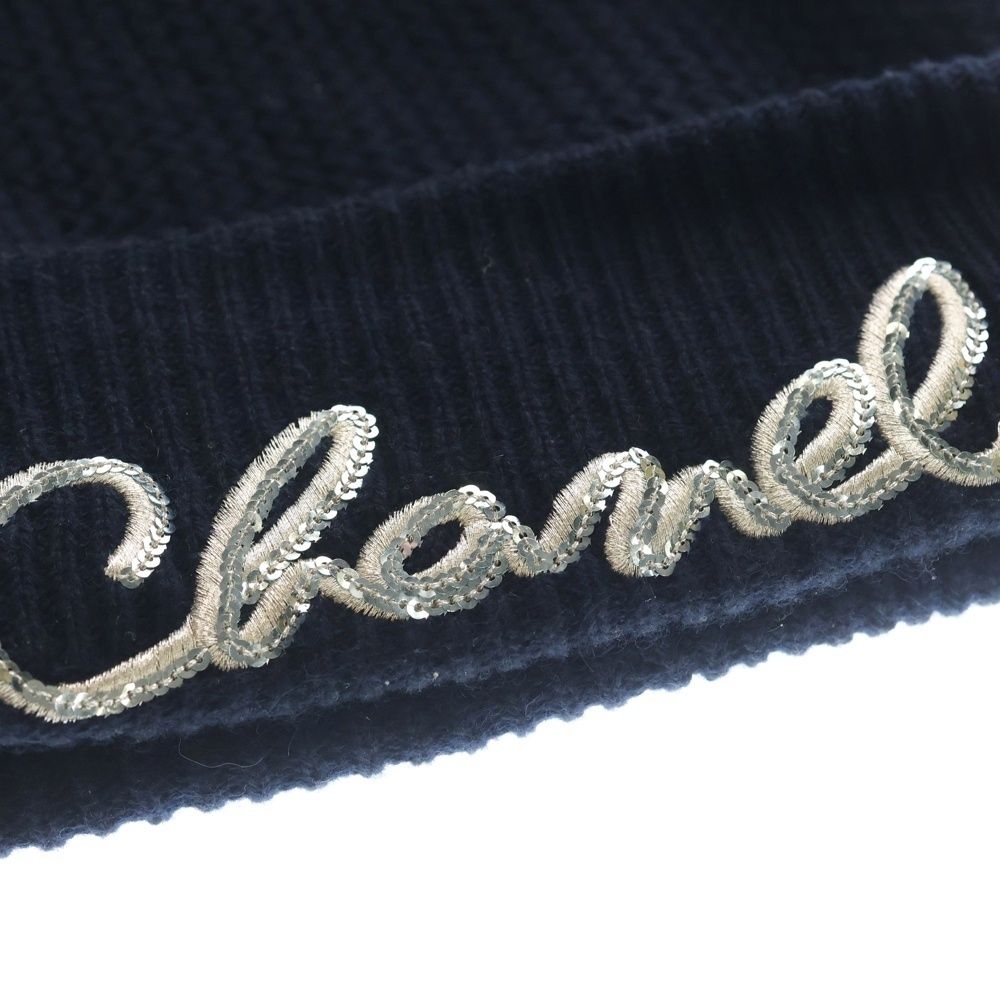 Chanel Sequin Logo Cashmere Knit Hat Navy