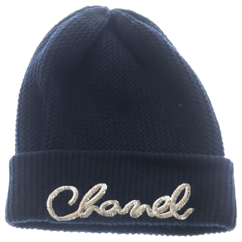 Chanel Sequin Logo Cashmere Knit Hat Navy