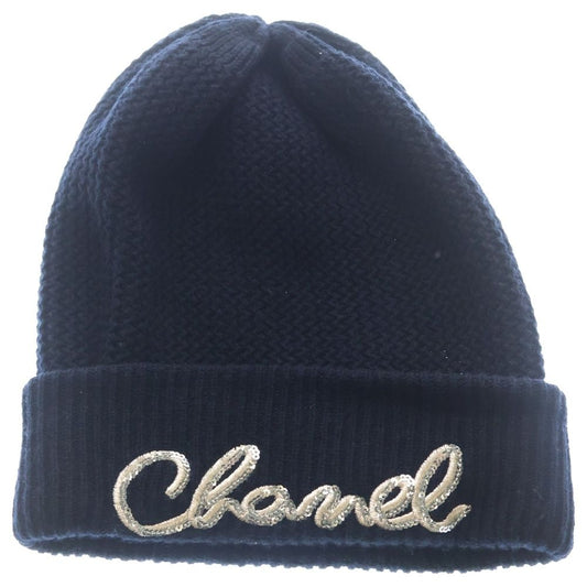 Chanel Sequin Logo Cashmere Knit Hat Navy