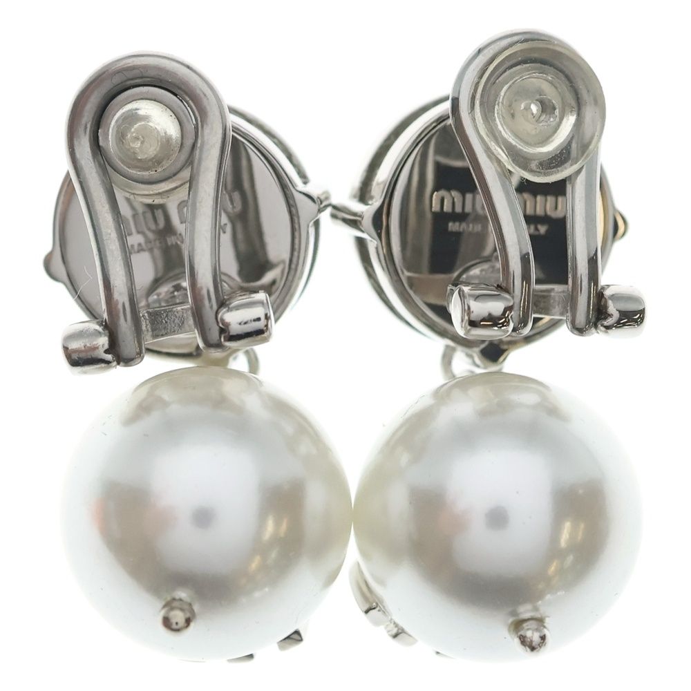Miu Miu Line Stone Faux Pearl Earrings White Silver