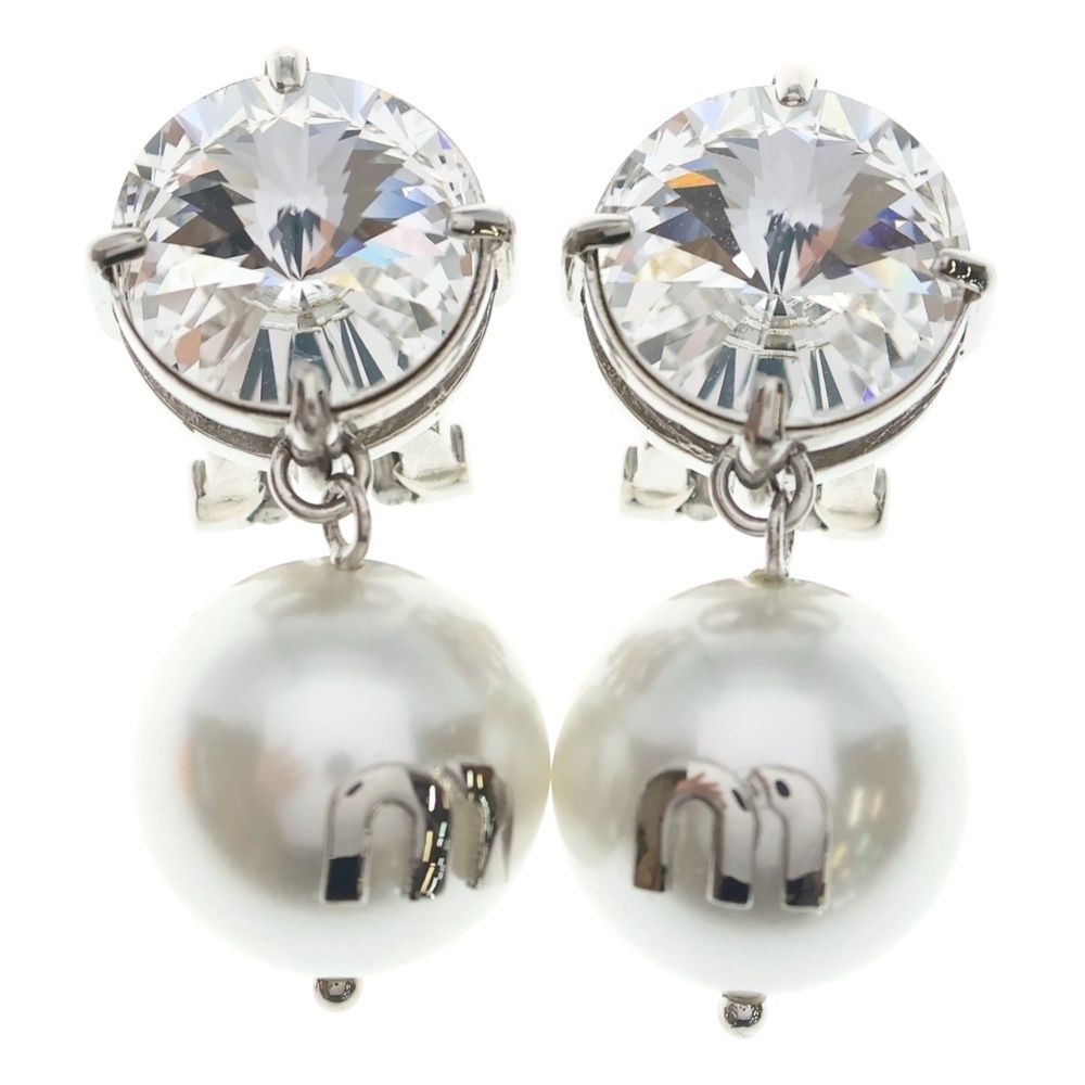 Miu Miu Line Stone Faux Pearl Earrings White Silver