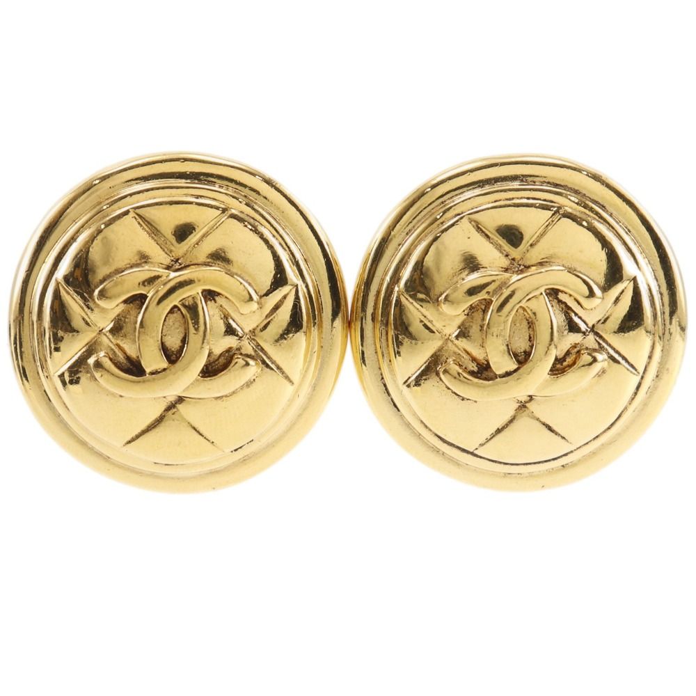 Chanel CC Logo Quilted Vintage Gold Plated Earrings