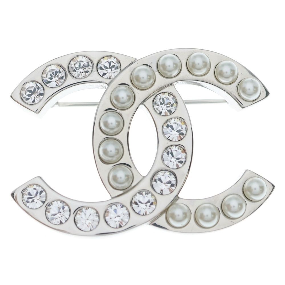 Chanel CC Logo Faux Pearl Line Stone Brooch Pin Badge Silver