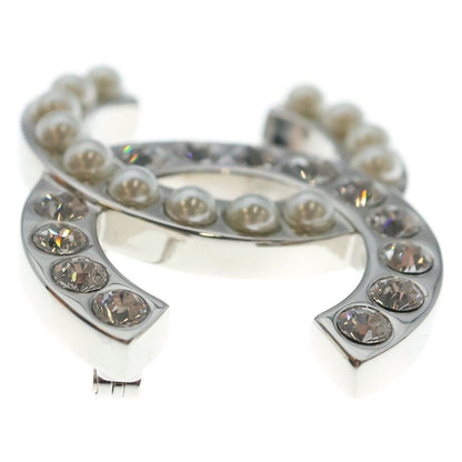 Chanel CC Logo Faux Pearl Line Stone Brooch Pin Badge Silver