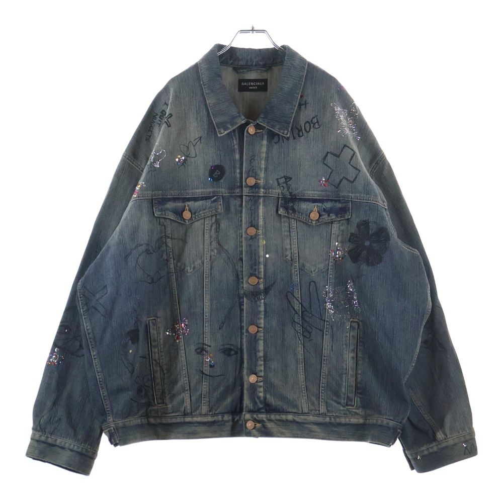 Balenciaga Distressed Graffiti Decoration Denim Jacket Sequin Indigo