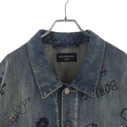 Balenciaga Distressed Graffiti Decoration Denim Jacket Sequin Indigo