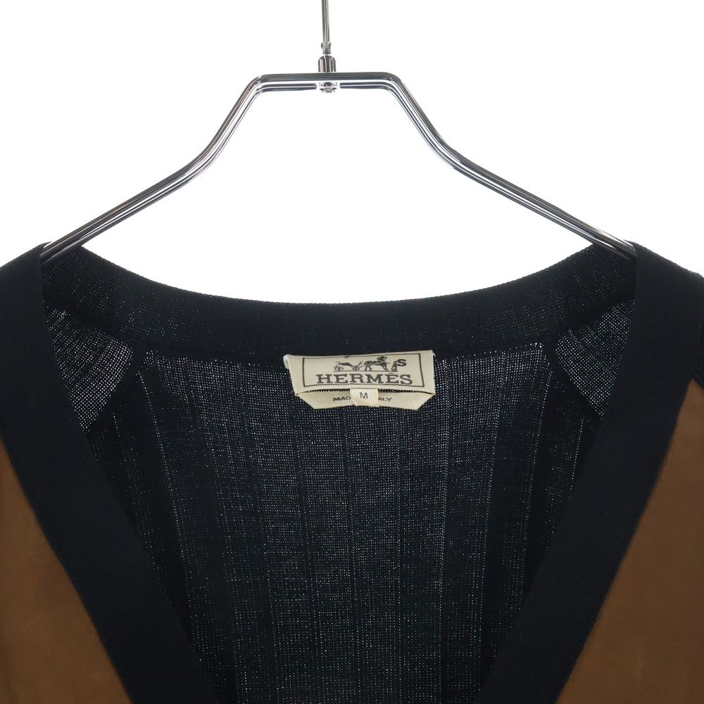 Hermes Front Button Leather Trim Docking Long Sleeve Wool Knit Cardigan Black