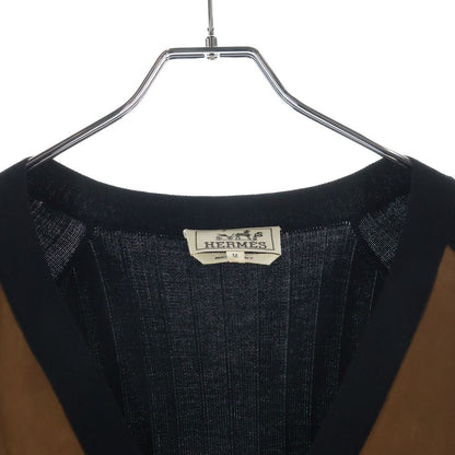 Hermes Front Button Leather Trim Docking Long Sleeve Wool Knit Cardigan Black