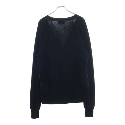 Hermes Front Button Leather Trim Docking Long Sleeve Wool Knit Cardigan Black