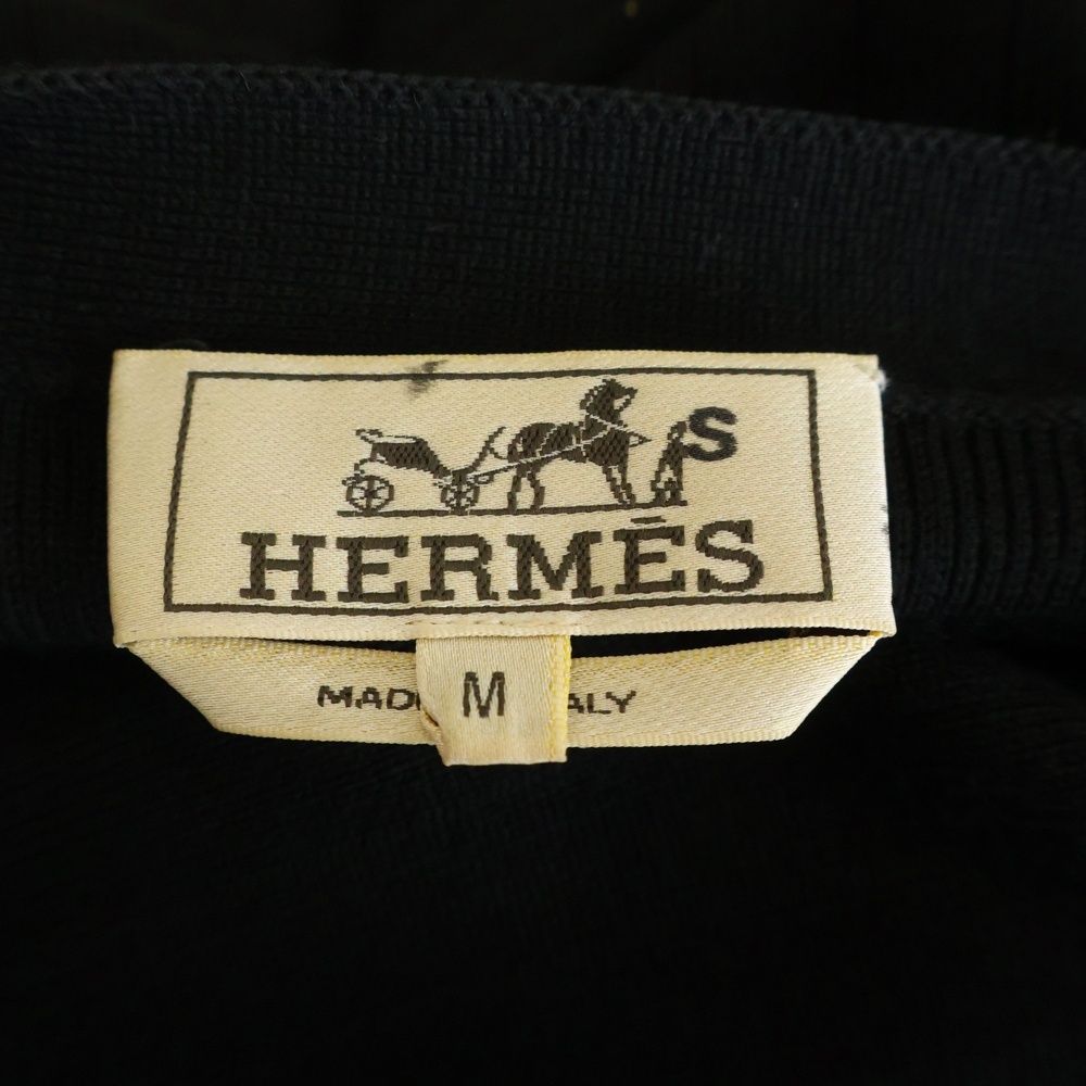 Hermes Front Button Leather Trim Docking Long Sleeve Wool Knit Cardigan Black