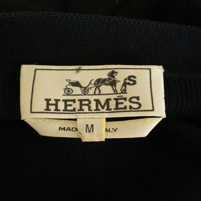 Hermes Front Button Leather Trim Docking Long Sleeve Wool Knit Cardigan Black