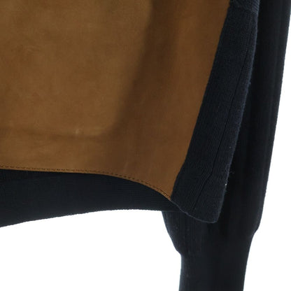Hermes Front Button Leather Trim Docking Long Sleeve Wool Knit Cardigan Black