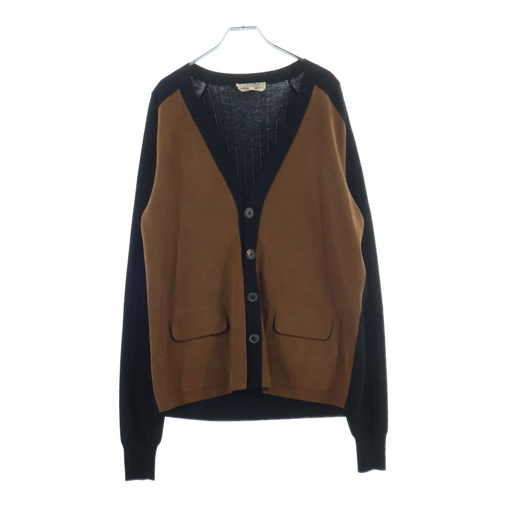 Hermes Front Button Leather Trim Docking Long Sleeve Wool Knit Cardigan Black