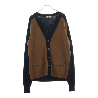 Hermes Front Button Leather Trim Docking Long Sleeve Wool Knit Cardigan Black