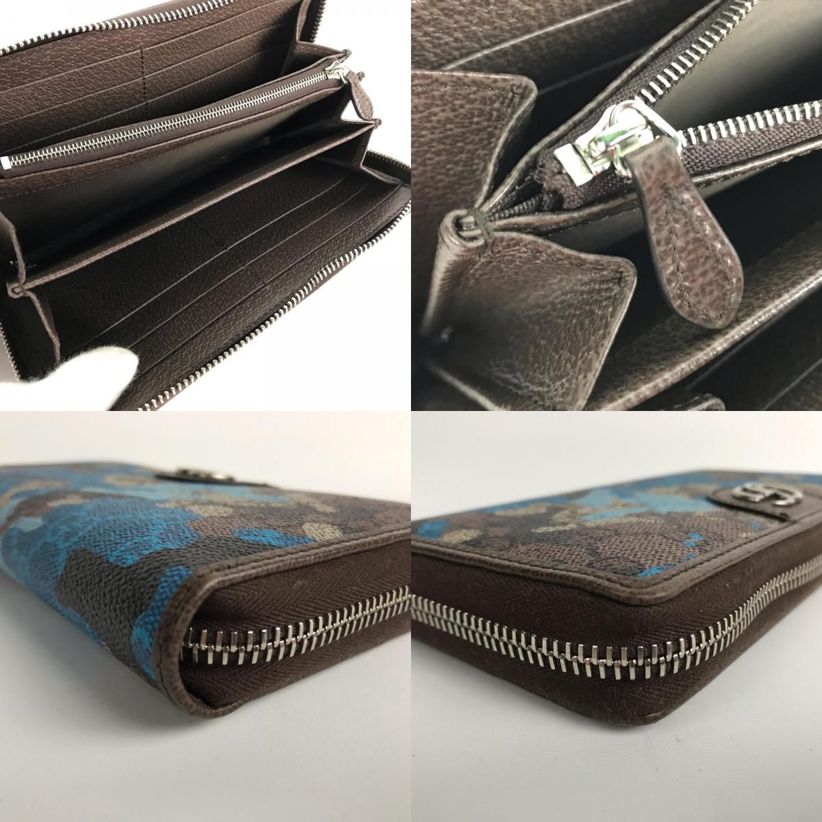 Gucci Wallet Zip Around GG Supreme Canvas Camouflage Pattern Blue Beige