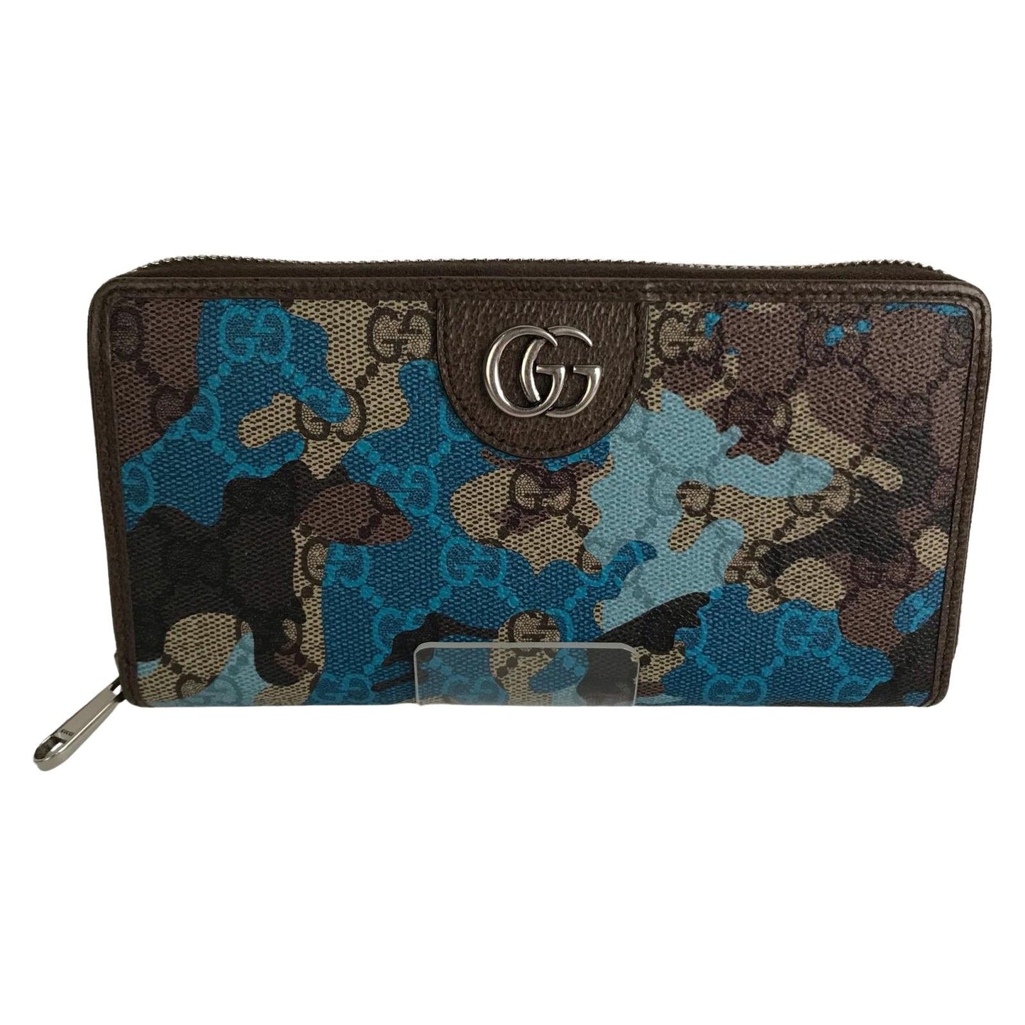 Gucci Wallet Zip Around GG Supreme Canvas Camouflage Pattern Blue Beige