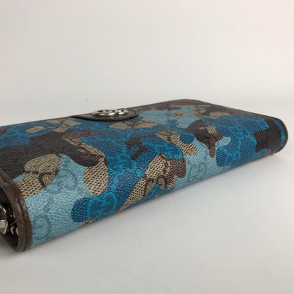 Gucci Wallet Zip Around GG Supreme Canvas Camouflage Pattern Blue Beige
